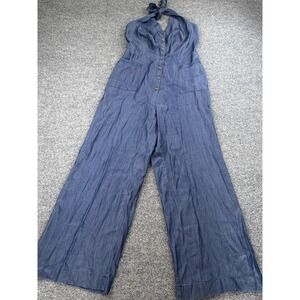 LASCANA Halter Wide Leg Jumpsuit Blue Lyocell Button Front Pockets US 10 NWT